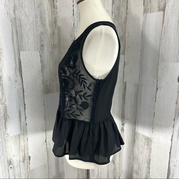 Forever 21 Black Sheer Mesh Embroidered Peplum Ruffle Sleeveless Blouse Top M - Picture 5 of 9